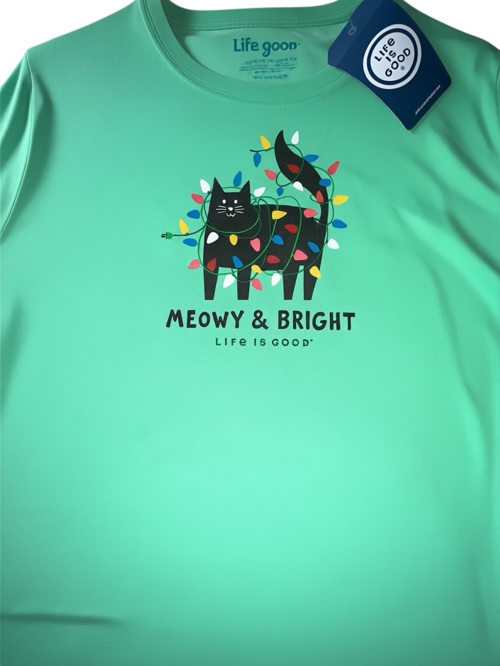 NWT Women XL Lng Slv Crusher Tee Shirt Life is Good "Meowy & Bright" Lights Cat